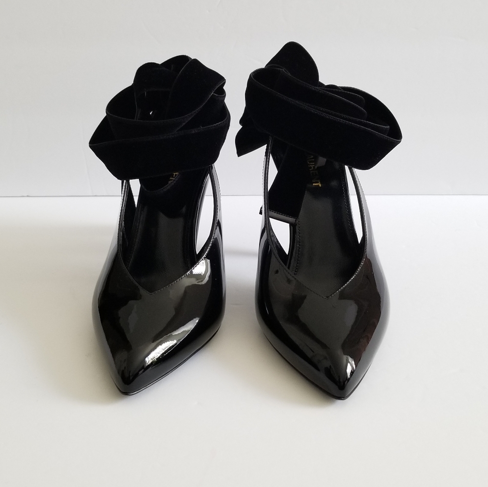 Saint Laurent Patent Leather Slingback Pointed Toe Lace Up Pumps Size 38.5 - Picture 10 of 12